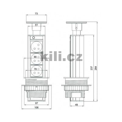 Elektro sloupek v�suvn� st��brn� 80mm - 3x z�suvka, s kabelem