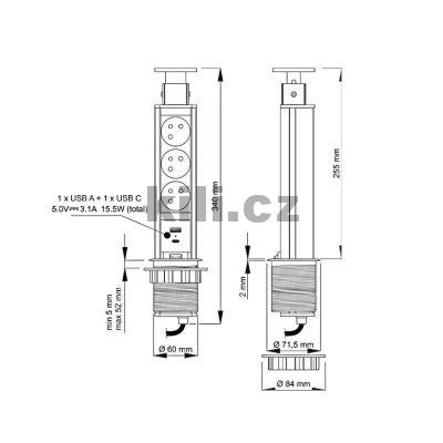 Elektro sloupek v�suvn� �ern� 340mm - 3x z�suvka, 1x USB, 1x C, s kabelem 3204091120