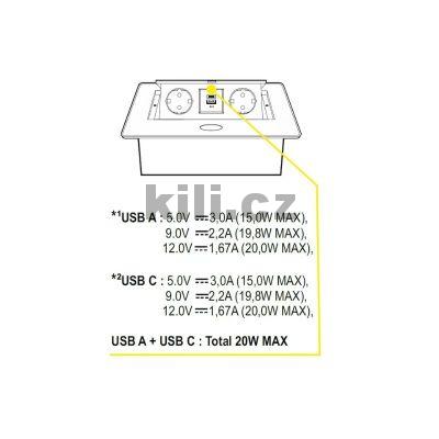 Elektro z�suvka v�klopn� st��brn� - 2x z�suvka, 1x USB-A, 1xUSB-C s kabelem 3204093120