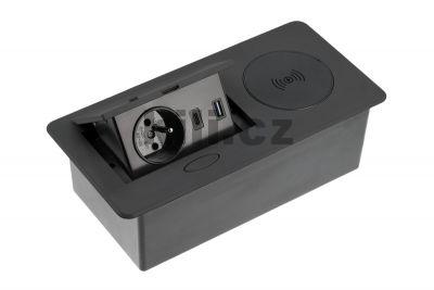 Elektro z�suvka v�klopn� AVARO PLUS �ern�, 230V+USB-A+USB-C+bezdratov� nab�je�ka, kabel 1,5m