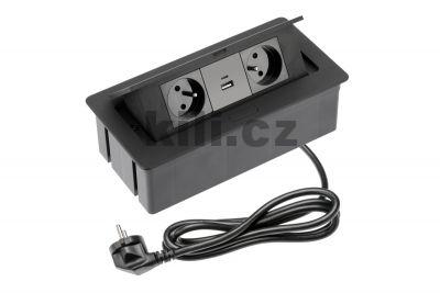 Elektro z�suvka v�klopn� SOFT �ern�, 2x 230V+USB-A+USB-C, kabel 1,5m