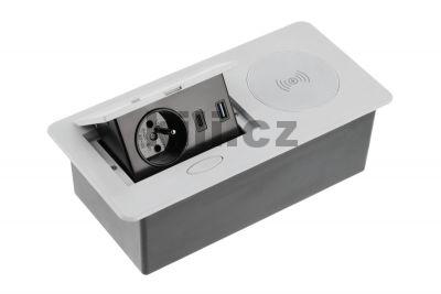 Elektro z�suvka v�klopn� AVARO PLUS st��brn�, 230V+USB-A+USB-C+bezdratov� nab�je�ka, kabel 1,5m
