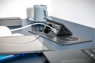 Elektro z�suvka v�klopn� AVARO PLUS st��brn�, 230V+USB-A+USB-C+bezdratov� nab�je�ka, kabel 1,5m