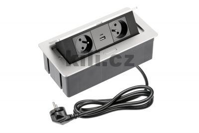 Elektro z�suvka v�klopn� SOFT st��brn�, 2x 230V+USB-A+USB-C, kabel 1,5m