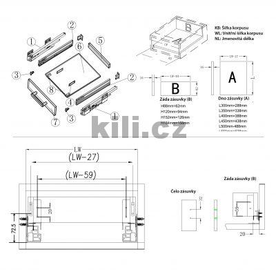 Kompletn� z�suvka KILI CHILLI BOX s tlumen�m b�l� 184 mm 350 mm, nosnost 35 kg