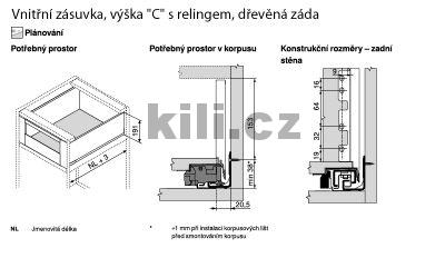 Kompletn� vnit�n� z�suvka LEGRABOX �ern� "C" s relingem 550 mm 40 kg s tlumen�m