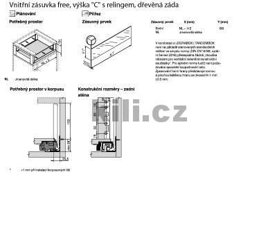 Kompletn� vnit�n� z�suvka LEGRABOX free �ed� "C" s relingem 600 mm 40 kg s tlumen�m