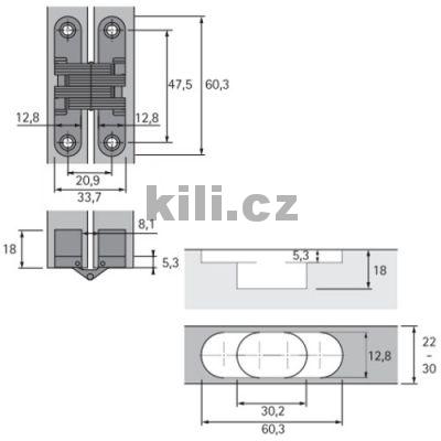 Z�v�s pro skl�dan� dve�e tlou��ku 22-30 mm, 180�, brou�en� nerezov� ocel