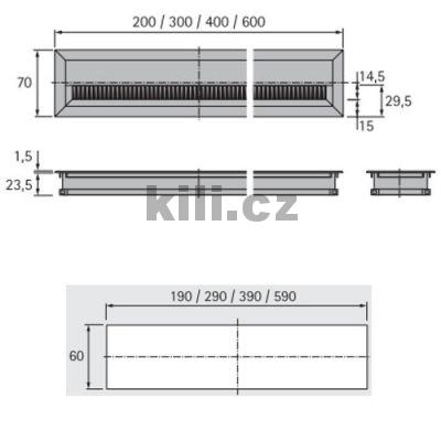 Kabelov� pr�chodka, 70 mm x 400 mm hlin�kov� vzhled